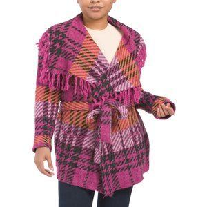 JOSEPH A Sz Large Fringe Plaid Wrap Sweater Vest